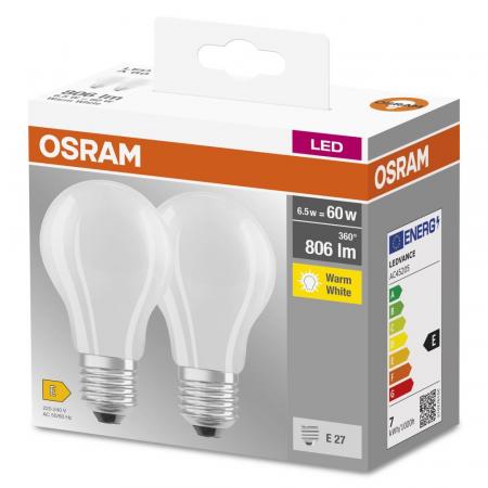 Doppelpack E27 Osram LED BASE Lampen opalweißes GLAS 6,5W wie 60W warmweiße  Wohnbeleuchtung